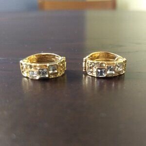Gold Tone Crystal Hinge Small Hoop Earrings Wedding Party Glam Classic Preppy